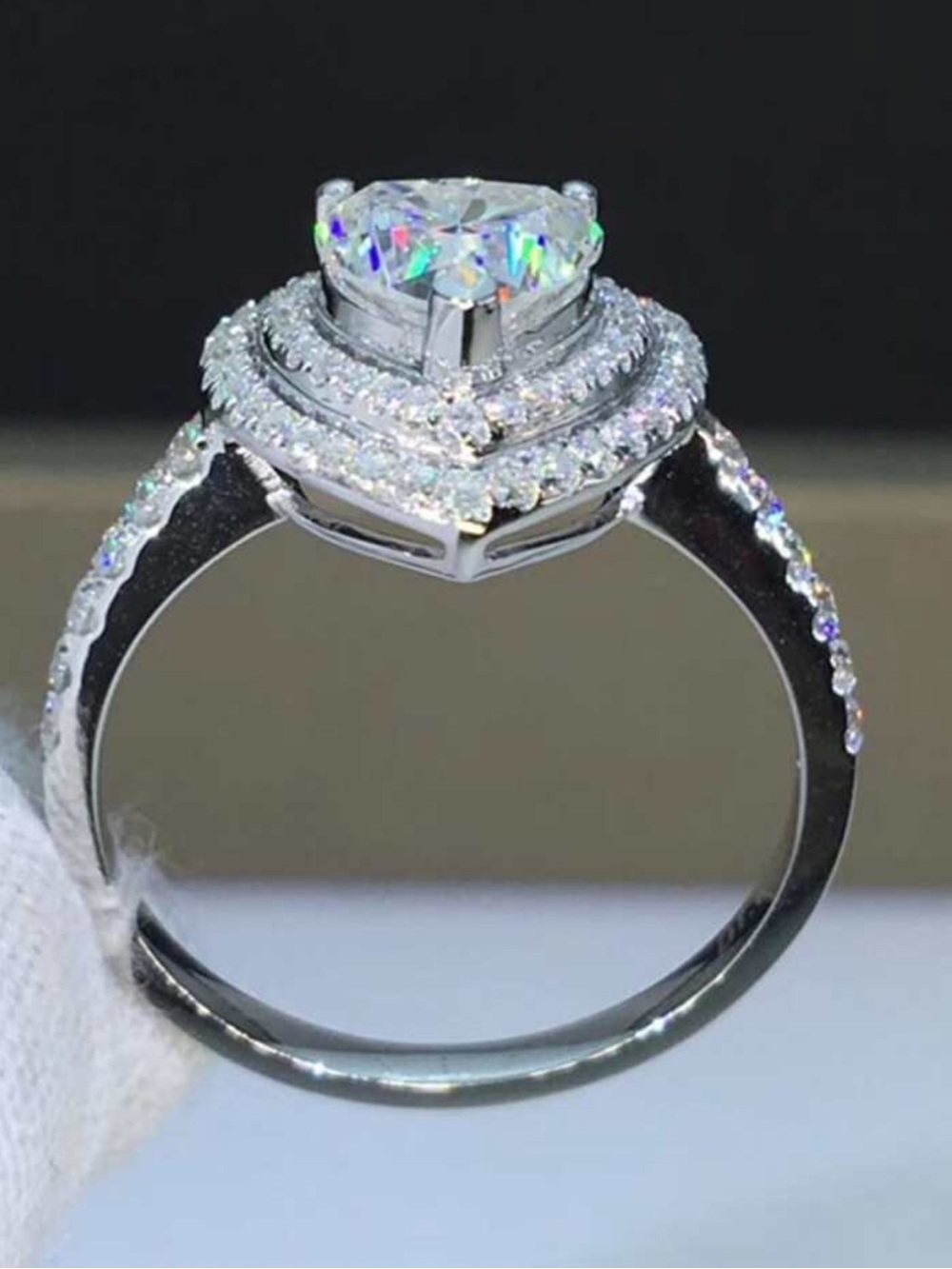 Silver Heart Halo Engagement Ring with Clear Cubic Zirconia - Women Jewelry
